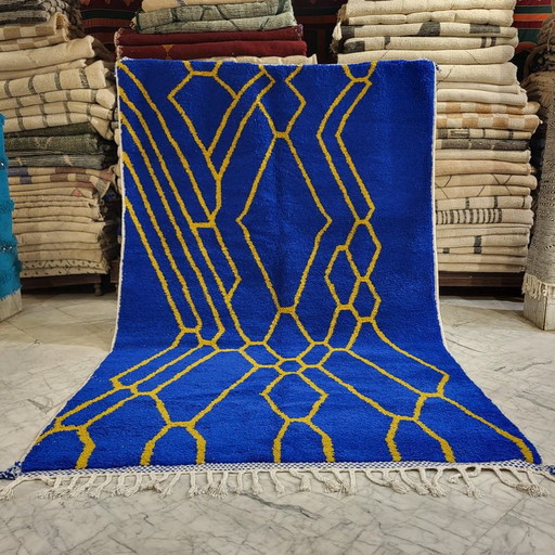 Alfombra Beni Ouraine Tradicional Hecha a Mano Azul y Amarillo 2/3 M – Alessi, vloerkleden en tapijten, Wool