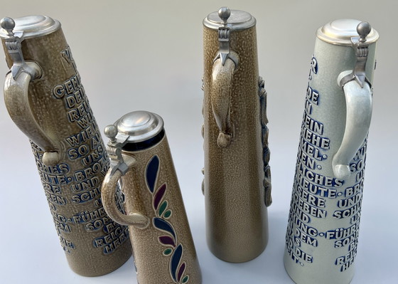 Image 1 of Lot de 4 chopes à bière vintage originales en grès avec couvercles en étain – König / GERZ – Allemagne, années 1970-1980