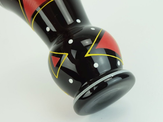 Image 1 of Mid Century Glasvase Hyalith Glas schwarz Glas abstrakte Dekor Emaille Malerei 1950er Jahre