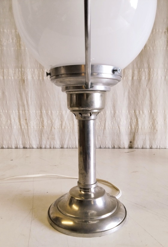 Image 1 of Table lamp in pewter and opaline glass globe - mid-20th century