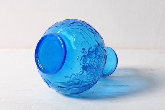 Image 1 of Vintage Small Blue Pressed Glass Vase with Flowers Pattern / Mid-century Home Decor / Italy / 1960s
