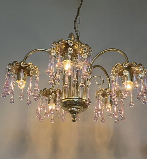 XL Vintage Chandelier Pink Teardrop Pendant Lamp from Murano