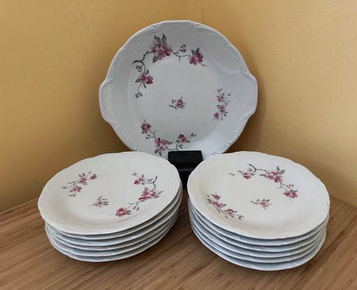 12 platos y 1 fuente de servir, porcelana blanca con motivos de flor de manzano rosa, porcelana Sologne