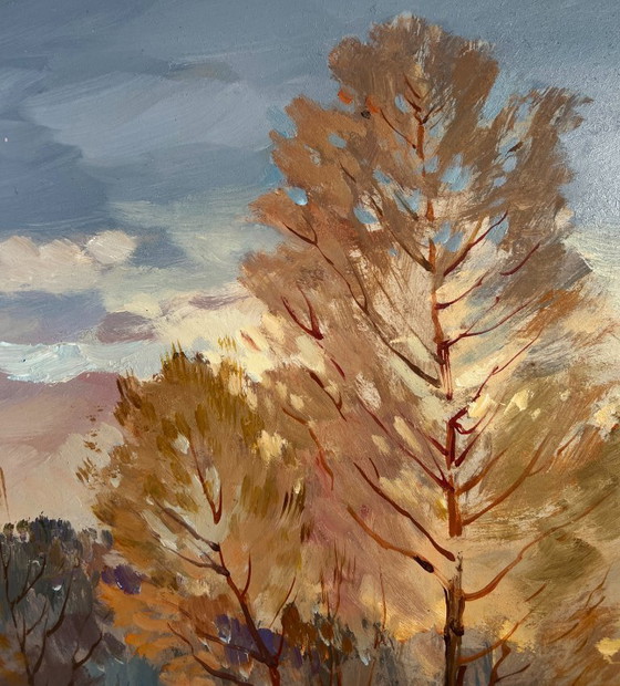 Image 1 of Original Oil Painting Snow Village Landscape Snow and sunset lights