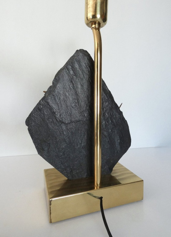 Image 1 of Lampe sculpturale en laiton représentant un poisson et en pierre noire, années 1970