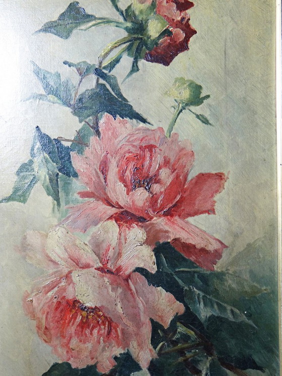 Image 1 of Large antique painting of peonies, signed E. Jacque, late 19th/early 20th century