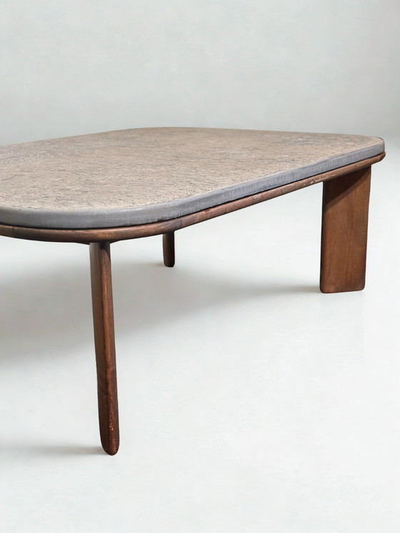 Image 1 of Brutalistische Eiken en Leistenen Salontafel Vintage