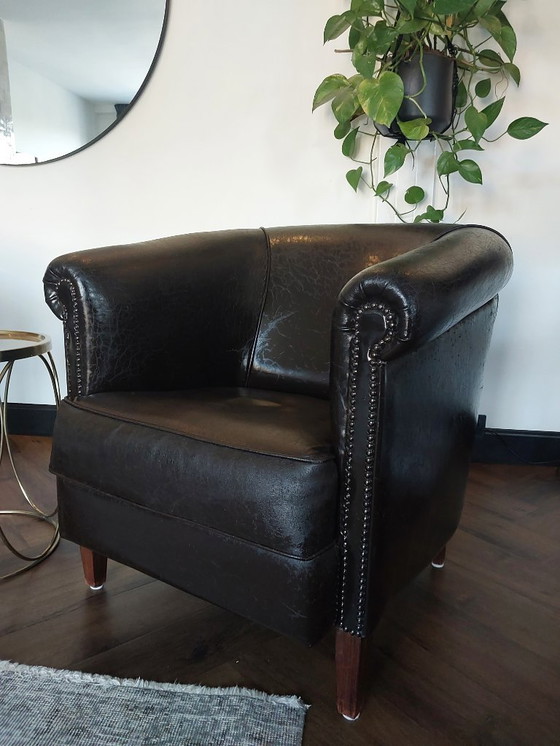 Image 1 of 2 Leren clubfauteuils – vintage / industrieel – echt leer – donkerbruin