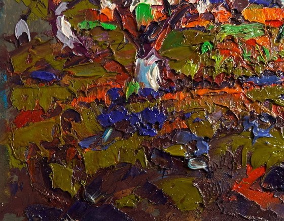 Image 1 of Original Oil Painting Summer Village Landscape The gardens are blooming