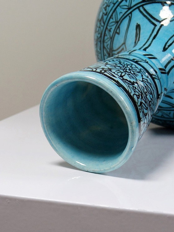 Image 1 of Covered vase or Persian jar, glazed Iznik pottery, turquoise painted, vintage