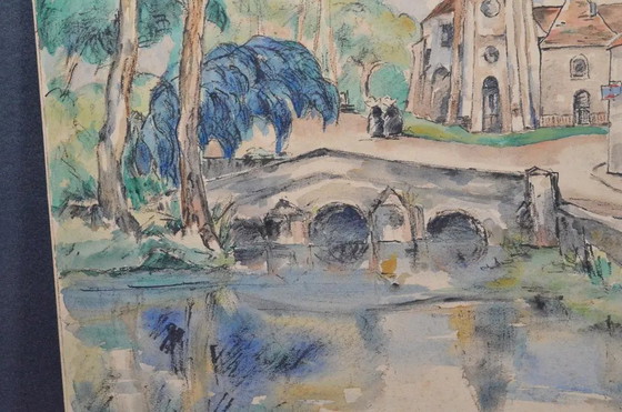 1929 Ogui Paisaje de Pueblo Modernista Europeo Acuarela y Gouache – Pinturas y dibujos, Paper (photo 10 of 10)