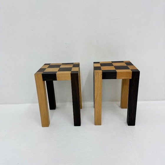 Image 1 of Set of 2 vintage wooden side tables, brown and light wood