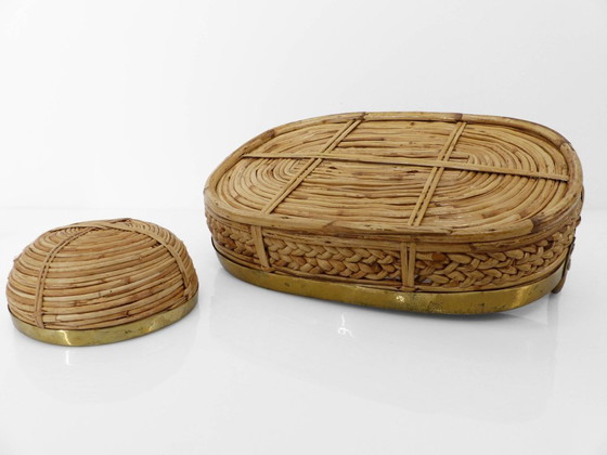 Image 1 of Cestino e ciotola in rattan e ottone nello stile di Gabriela Crespi, Italia 1960-1970