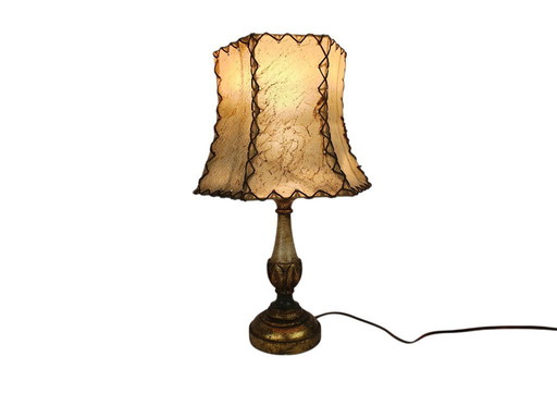 Italiaanse houten tafellamp - verguld - Hollywood Regency stijl - varkenshuid handgemaakte lampenkap - 70's