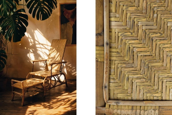 Image 1 of Sillón alemán antiguo de ratán con reposapiés extensible, de la década de 1930.