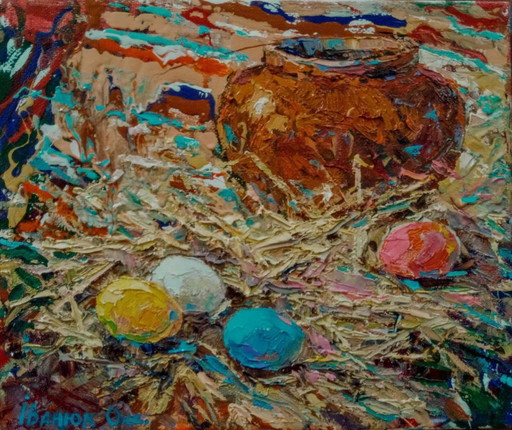 Pintura al Óleo Original Naturaleza Muerta Rural Tradiciones Días de Pascua