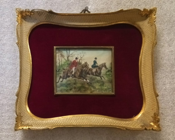 Image 1 of Signed 19th Century English Oil on Canvas Miniature Hunting Scene