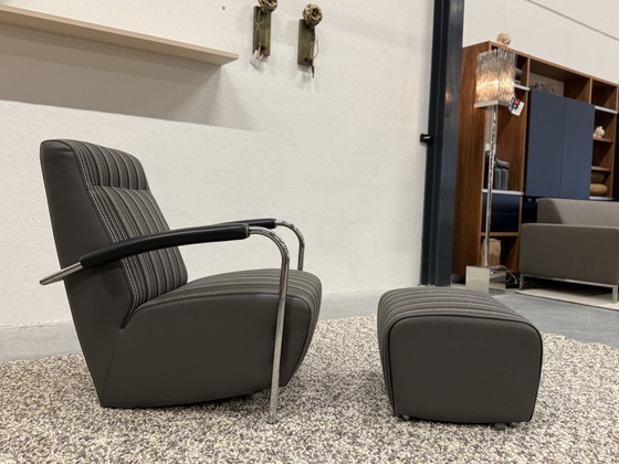 Image 1 of Leolux Scylla high armchair with Belluno fabric pouf in gray leather