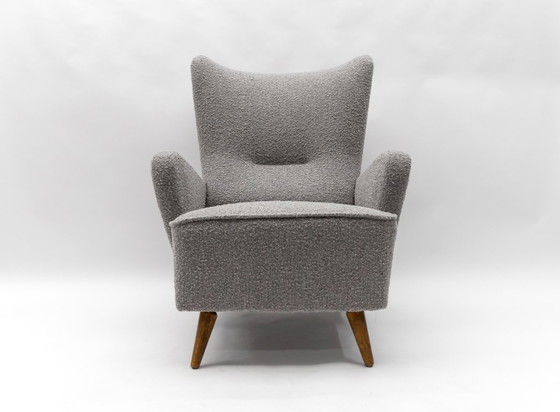 Image 1 of Large Grey Boucle Fabric Wingback Armchair, Italy, 1950s