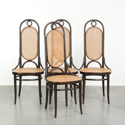 4x Original vintage Thonet Long John design webbing dining chair/bistro chair with curved wood – eetkamerstoelen, Klassiek