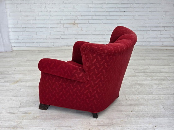 Image 1 of Fauteuil relax danois des années 1950, laine rouge pour meubles, bois de chêne.