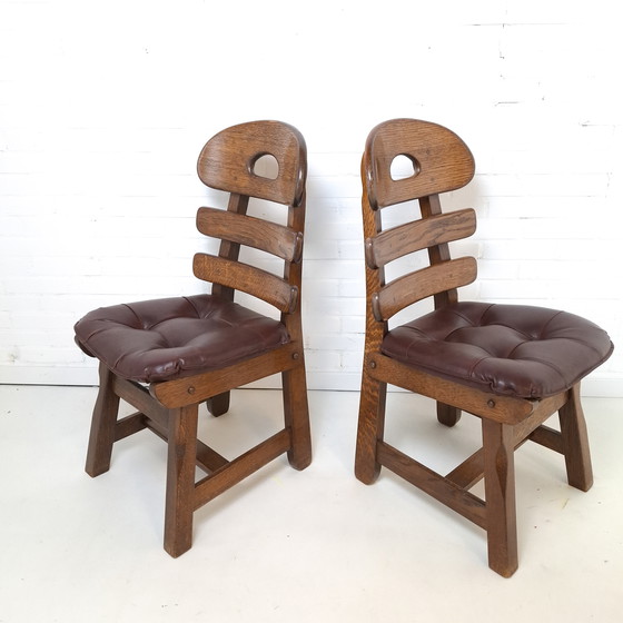 Image 1 of 2x vintage brutalist fishbone stoel eiken stoel jaren 70