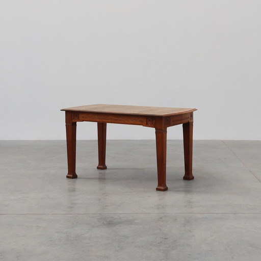 Eiken Art Deco eettafel met gesneden fries, Frankrijk 1920