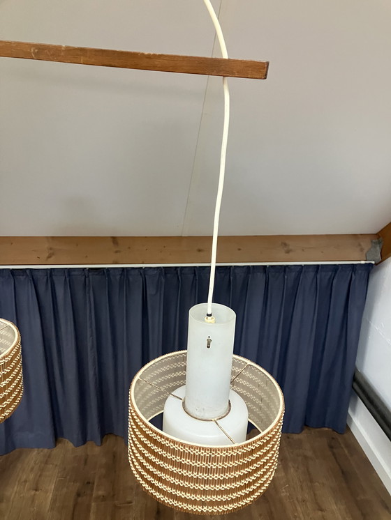 Image 1 of Vintage Scandinavische hanglamp met teak hout en houten kap