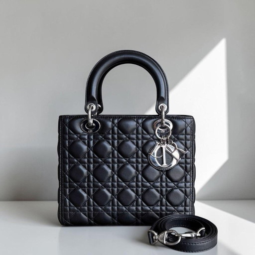 DIOR LADY MEDIUM - CANNAGE LAMMLEDER SCHWARZ SILBERNE BESCHLÄGE