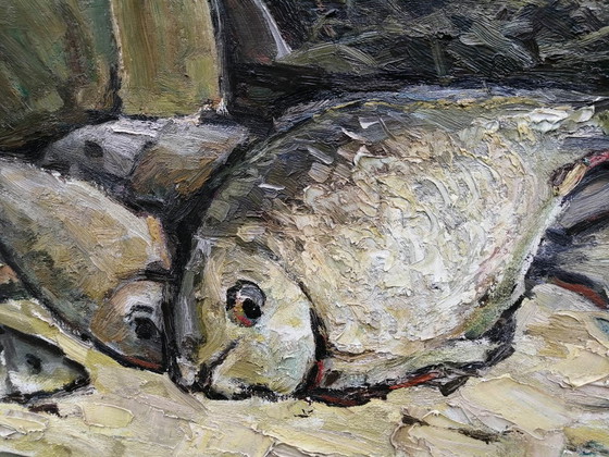 Dipinto a olio originale Natura morta Pesce sul tavolo – Dipinti e disegni, Tela (photo 9 of 11)