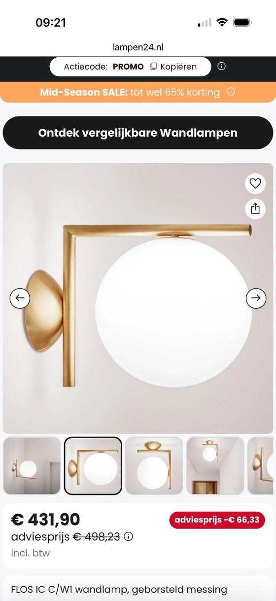 Flos IC C/W1 wall lamp, gold-colored, Wall lights, Brass, Glass, Modern (photo 4 of 5)