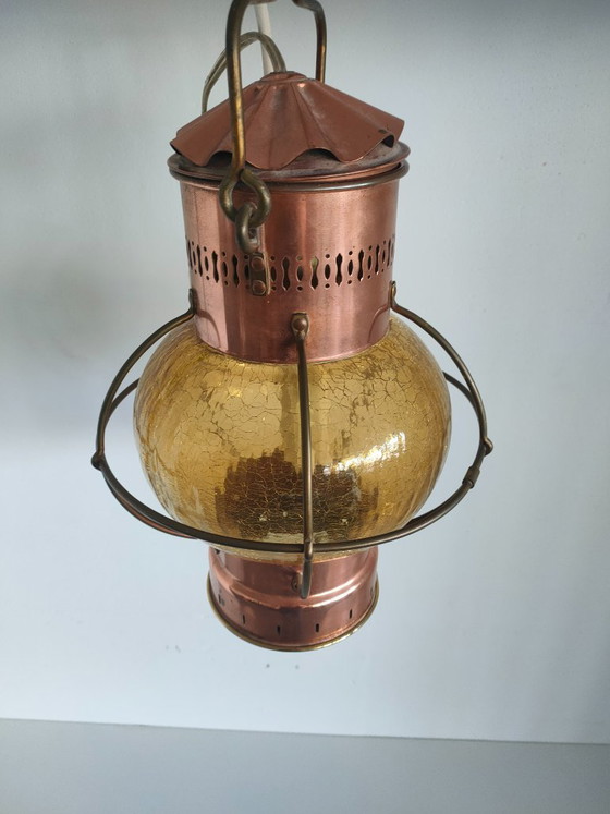 Ship's lantern 360 degrees with spherical amber crackle glass, Pendant lamps, Copper, Yellow, Vintage (photo 2 of 12)