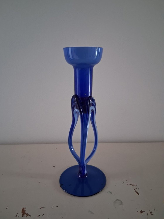 Image 1 of Józefina (Krosno, Pologne) Bougeoir en verre artistique, bleu et blanc
