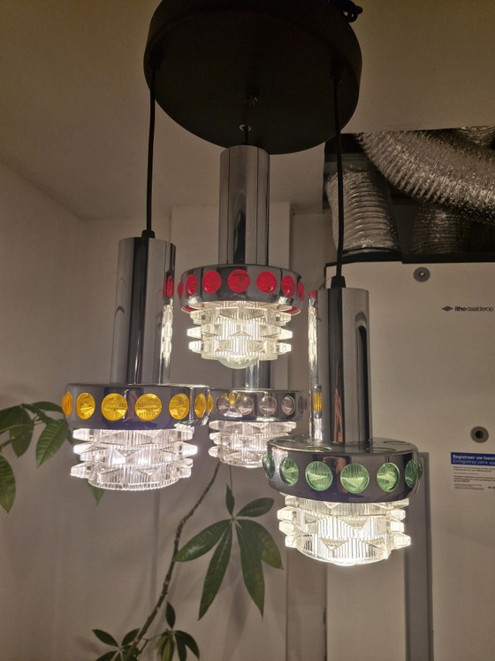 Pendant lamp with four light points, chrome, textured glass and colored accents, Space Age, Ceiling lights (photo 4 of 15)