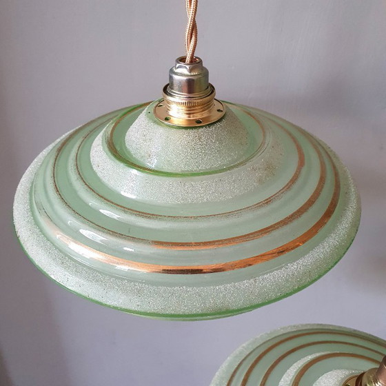 Set of 3 Antique Pendant Lights of Opaline Glass in Green, with Crushed Glass and Gold Decoration (photo 5 of 20)