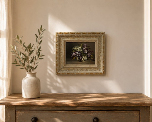 French Floral Oil Painting on Solid Wood Panel with Original Carved Frame, c. 1950