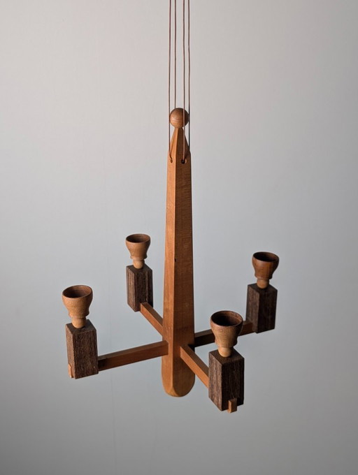 Danish Art Deco Style Wooden Candle Chandelier, 1970s