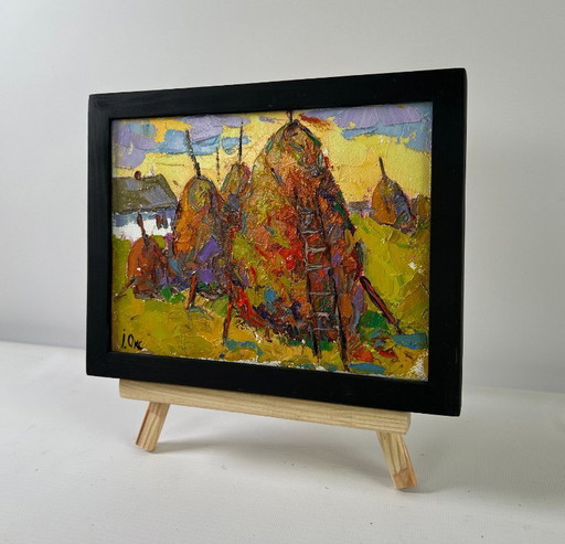 Original Oil Painting Summer Village Landscape When the light fades