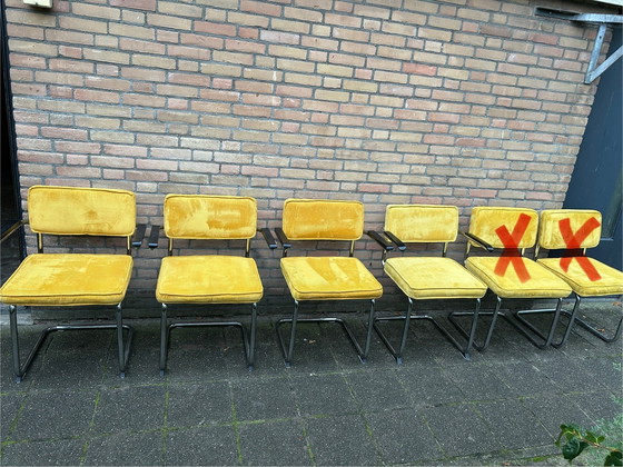 Image 1 of 4 Yellow Ribbed Fabric Chairs with Chrome Tubular Frame