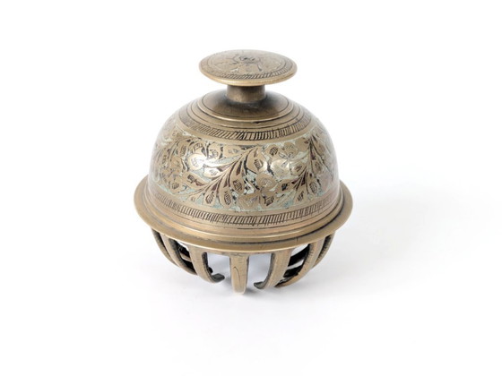Image 1 of Vintage Solid Etched Brass Indian Elephant Claw Bell, Handcrafted Decorative Floral Table Bell