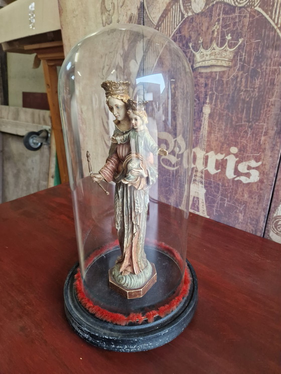 Image 1 of Antique bell jar with statue of Mary