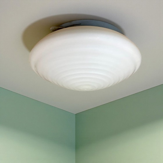 Image 1 of Art Deco white glass flush mount ceiling or wall lamp