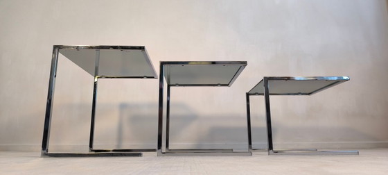 Image 1 of 😍✨ Set of 3 vintage chrome and smoked glass nesting tables, Roche Bobois / Guy Lefèvre style – 1970s ✨😍