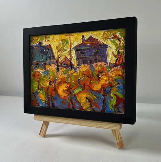 Original Oil Painting Sunset Village Landscape Autumn yellow sunset