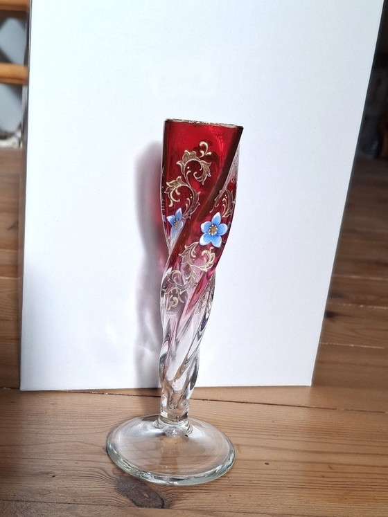 Murano tre fuocchi glass soliflore Vase, hand-painted, 16 cm high, Red (photo 3 of 10)