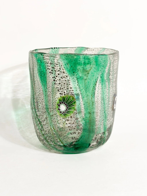 Grünes Murano Ofenglas Goto mit Murrine aus den 1980er Jahren