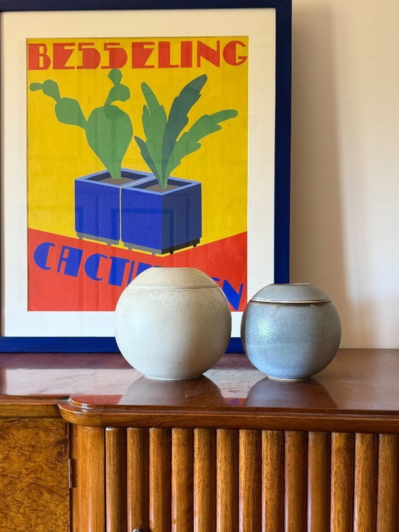 Image 1 of Set van 2 bolvormige aardewerken vazen ​​in mid-century modern stijl, Franco Bucci Italië ca. 1970