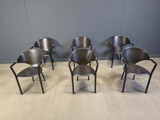 Image 1 of Set aus 6 Leder-Esszimmerstühlen von Segis Italy, 1980er Jahre