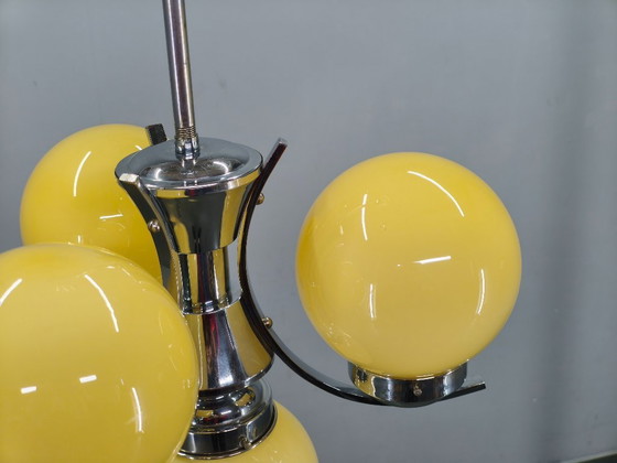 Image 1 of Art Deco Chrome and Opaline Glass Chandelier, Czechoslovakia