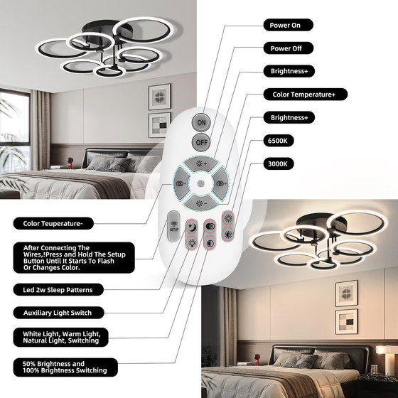 Ceiling light LED 7 Rings Black 48W, Dimmable, Remote Control, Geometrisch (photo 5 of 5)